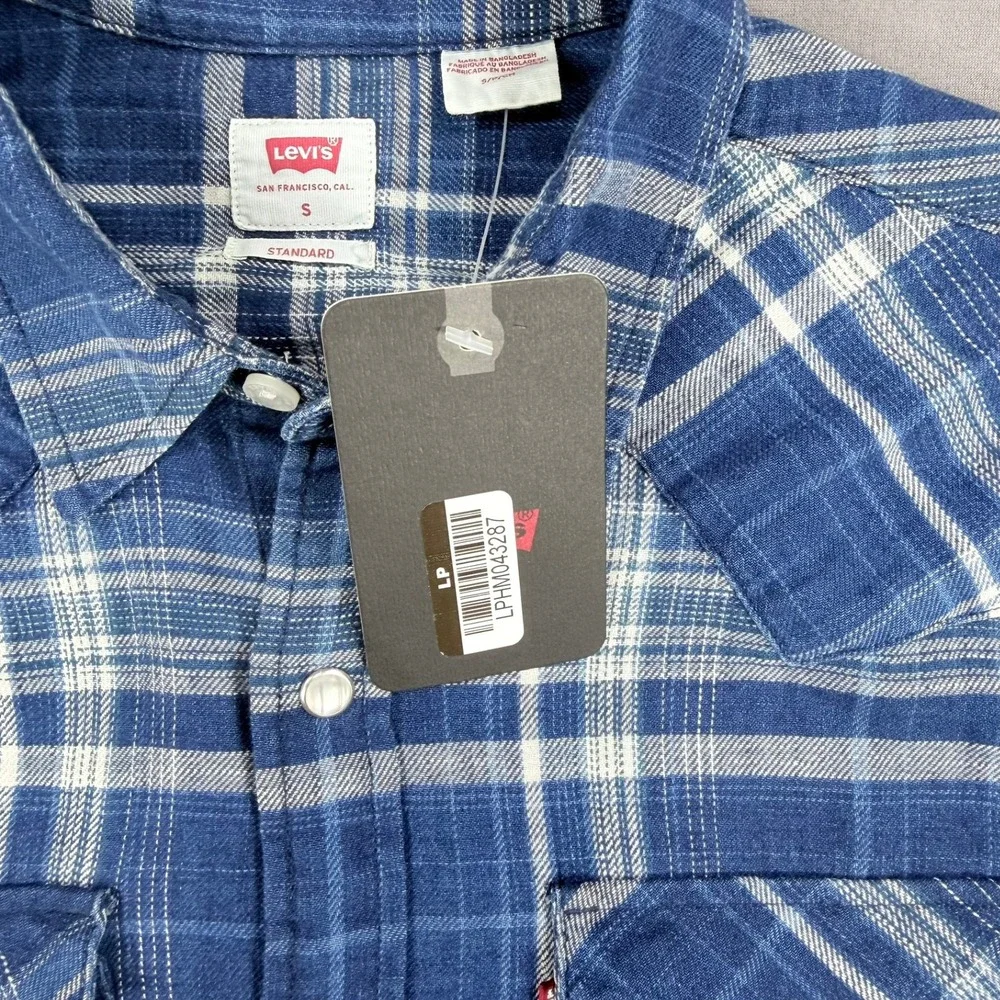 Levi Mens S‎ Blue Plaid Cotton Western Standard Fit Pearl Snap Long Sleeve Shirt